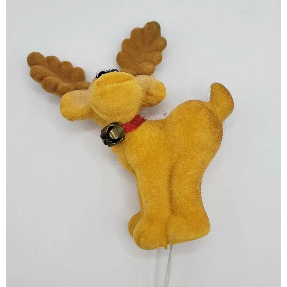 Vintage Brown Flocked Moose Reindeer Floral Pick Figurine